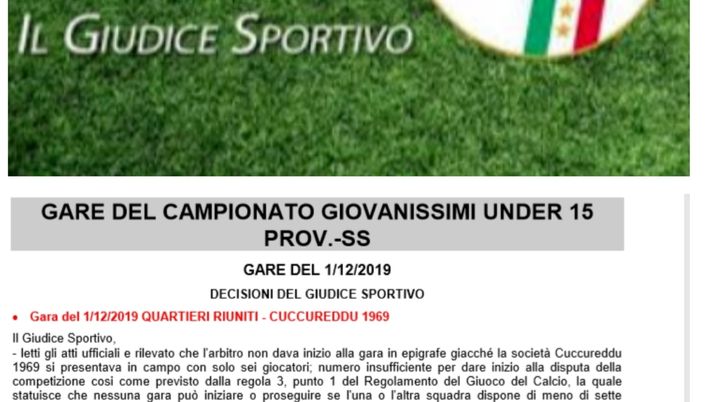 La piccola Juve sarda di Cuccureddu perde la partita Under 15 a tavolino: in campo erano solo in 6